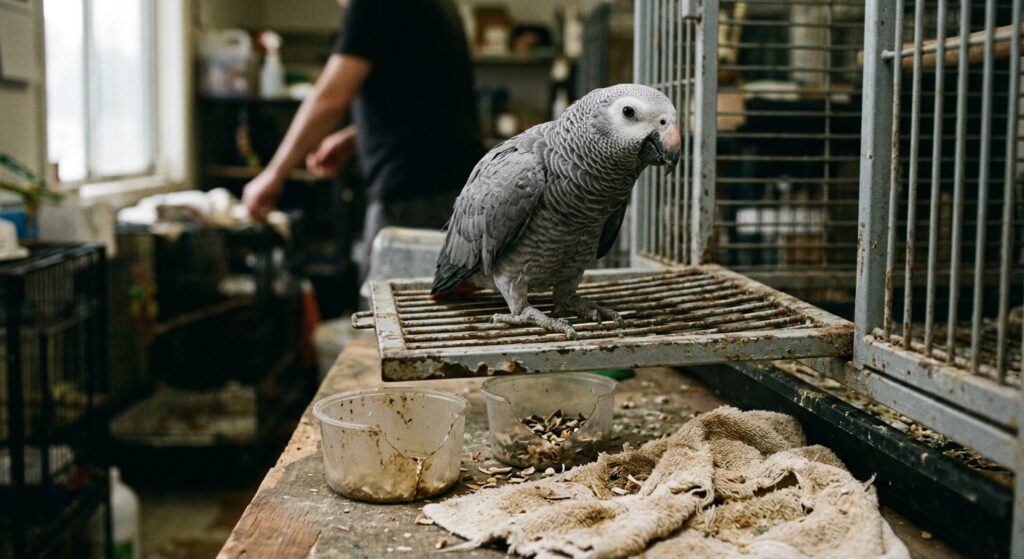 An elderly African grey parrot grips a dented cage door above cracked seed cups and a torn towel in grey daylight.