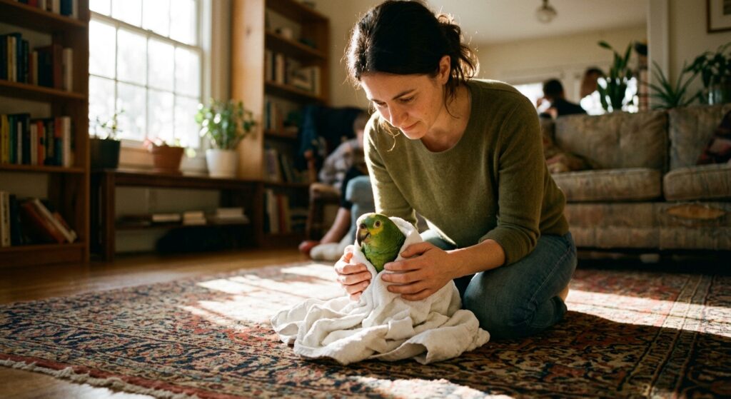 A woman kneeling on a living-room rug wraps a calm green Amazon parrot in a white towel, sunlight streaming in.