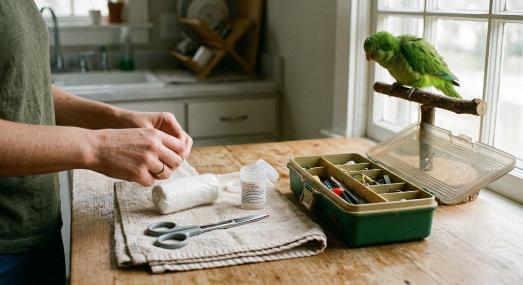Hands arrange gauze, blunt scissors, styptic powder and a towel by an open tackle box as a green parrot watches.