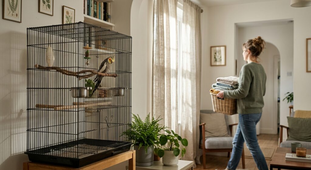 Tall wire cockatiel cage in a sunlit living-room corner; a woman passes with laundry as light hits the perches.