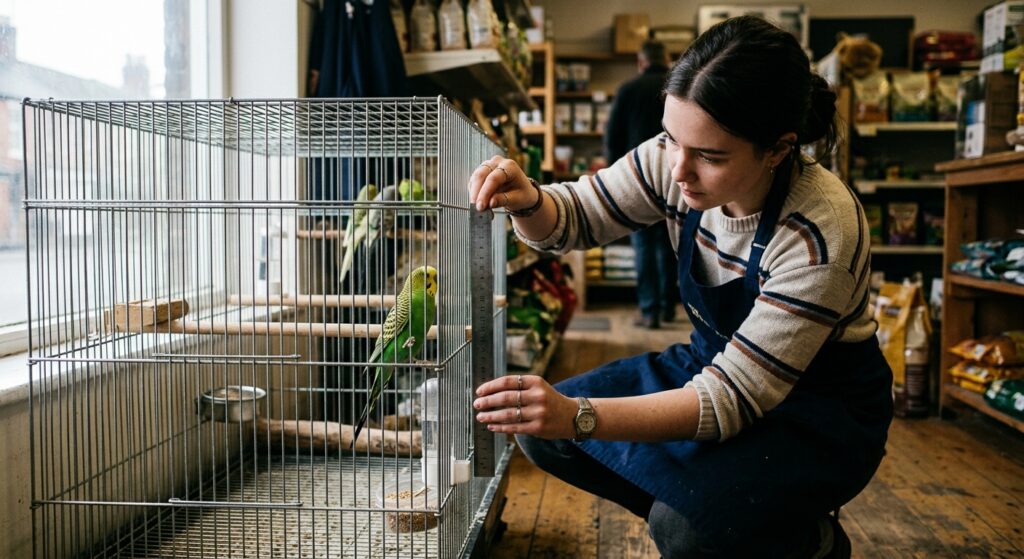 A pet-shop worker crouches by a wire cage, slipping a metal ruler between bars as a green budgie clings nearby.