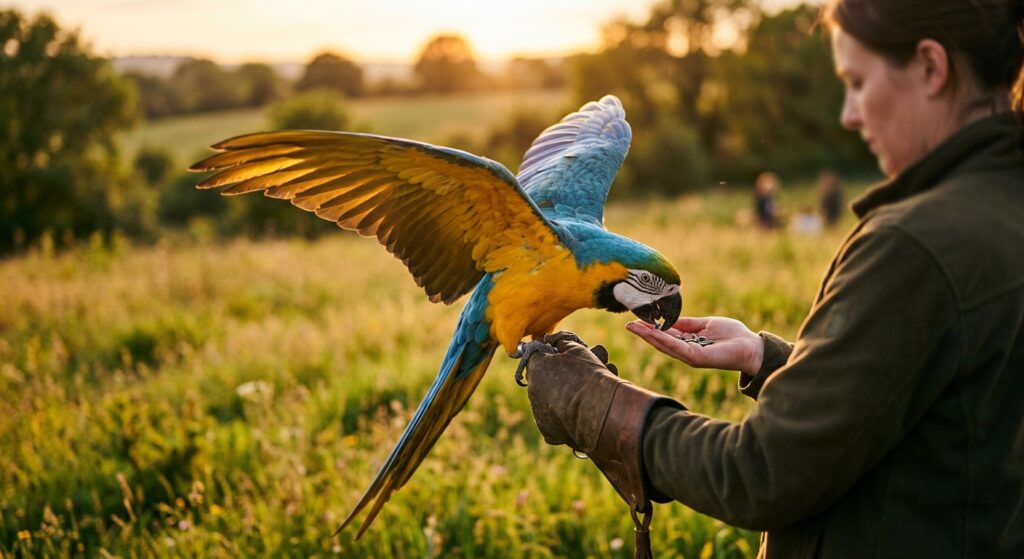 Blue-and-gold macaw on a trainer's gloved forearm in a sunlit field, wings spread, taking a seed from her palm.