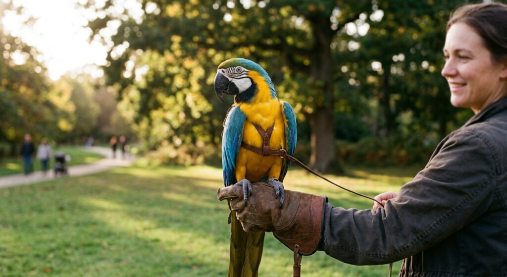 Blue-and-gold macaw on a trainer's gloved fist in a sunlit grassy park, wearing a leather harness and trailing line.