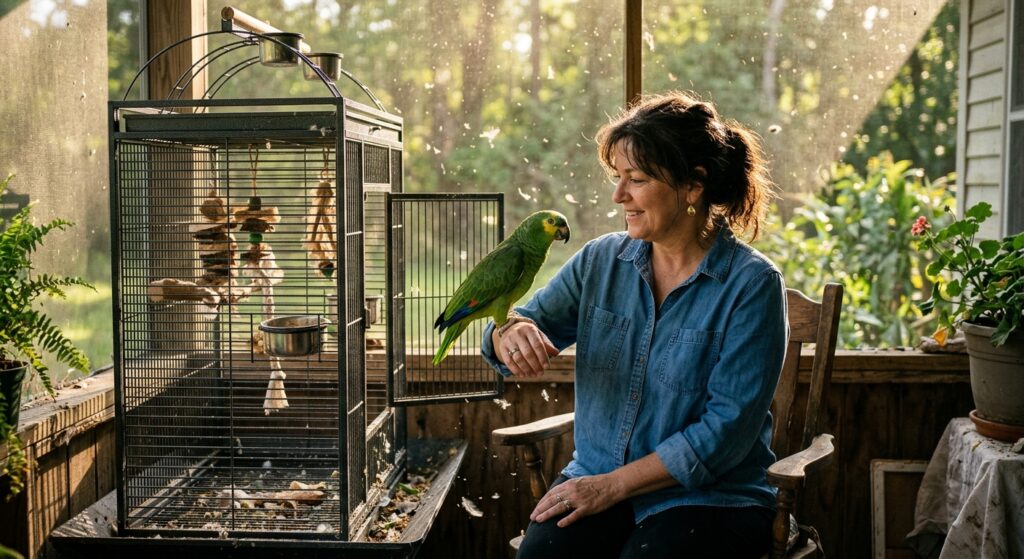 Woman on a screened porch holds a green Amazon parrot on her wrist beside a wire cage as sunlight streams in.