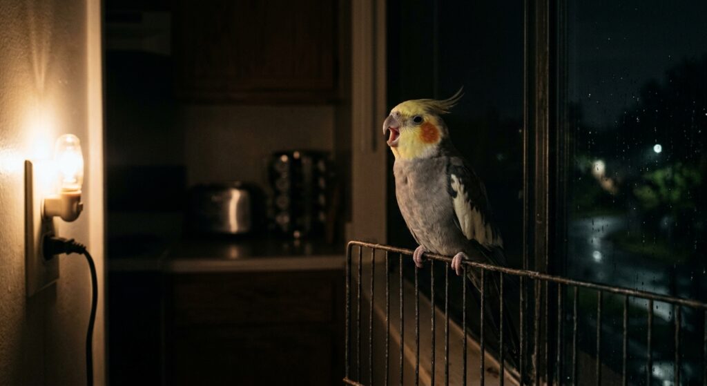 Cockatiel on a cage bar by a window at night, feathers half-fluffed, beak open mid-whistle in dim warm nightlight.