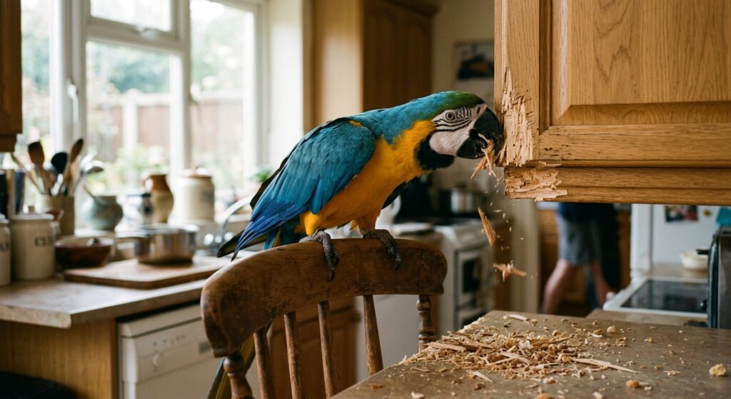 Blue-and-gold macaw on a kitchen chair back, beak gripping a chewed cabinet edge, wood splinters below in morning light.