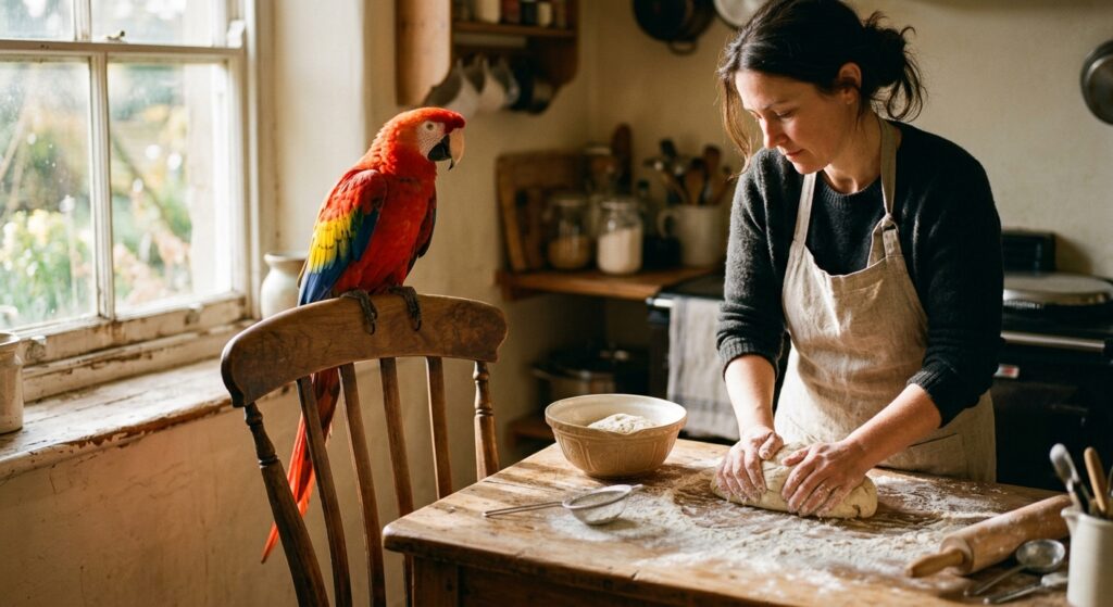 Scarlet macaw perched on a kitchen chair back as a woman kneads dough on a sunlit, flour-dusted wooden counter.