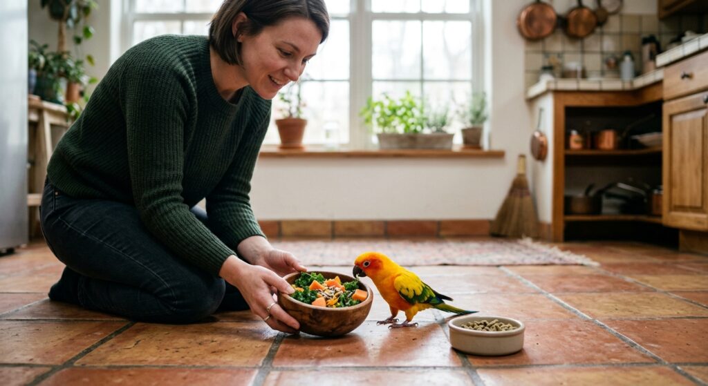 Woman kneels on kitchen floor offering a sun conure a wooden bowl of kale, papaya, and seeds beside untouched pellets.