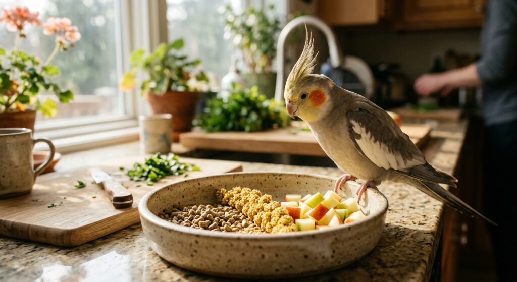 Cockatiel perched on the rim of a shallow dish of pellets, millet and diced apple, sunlight across its feathers.