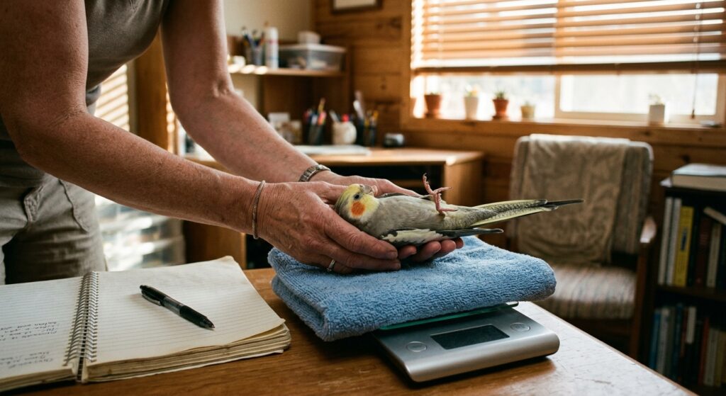 Hands hold a cockatiel belly-up on a folded towel beside a scale, notebook and pen, sunlight through blinds.