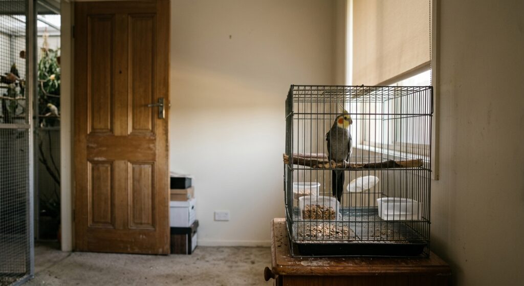 A single cockatiel on a perch in a small wire cage in a bare bedroom, late-day light through a half-drawn blind.