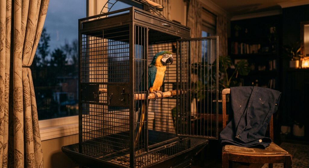 Blue-and-gold macaw perched in an open cage by a curtained window at dusk, folded dark cover on a nearby chair.