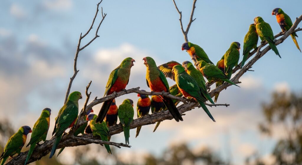 Green parrots line a bare eucalyptus branch at dawn, some calling, sunlight rimming feathers against blue sky.