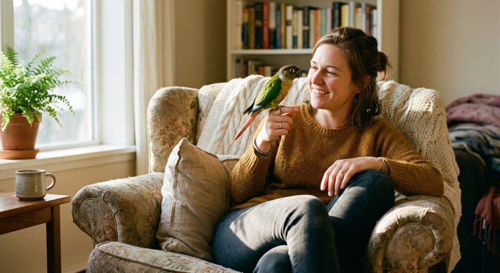 Woman in a worn armchair holds a green-cheeked conure on her finger as afternoon sunlight falls across her lap.
