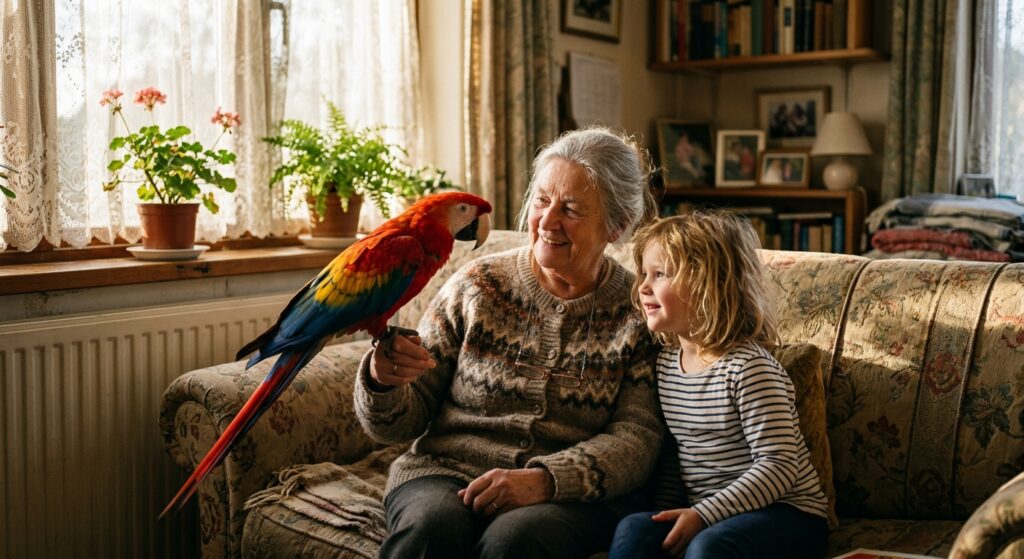 An elderly woman and young girl sit on a worn sofa; a scarlet macaw perches on her wrist in slanting sunlight.