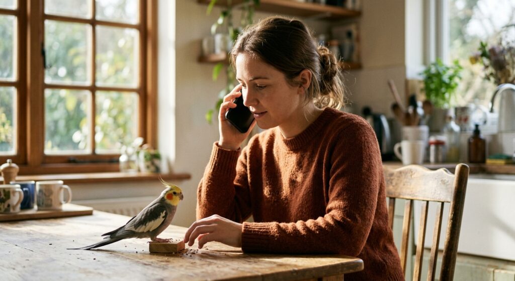 Woman on a phone call sits in a sunlit kitchen, hand resting on the table beside a perched cockatiel.