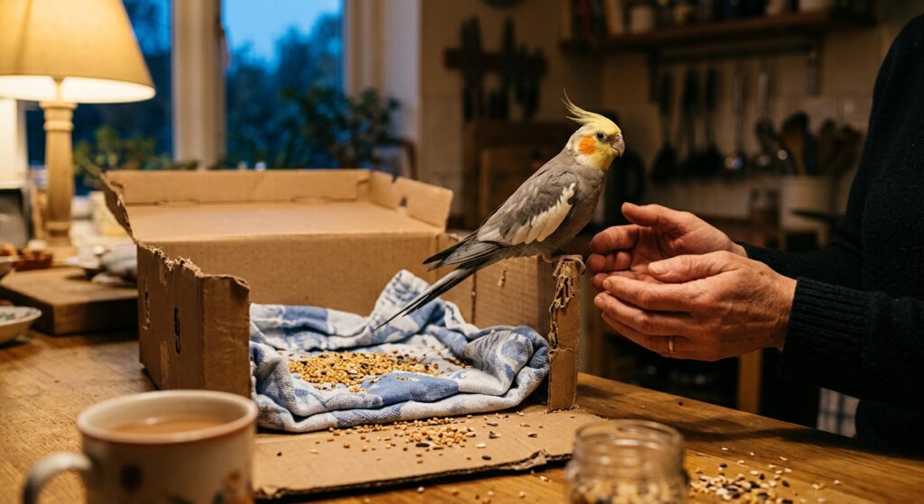 Cockatiel perched on an open cardboard carrier's edge, hands cupped nearby, lamplit counter with scattered seed and folded towel.