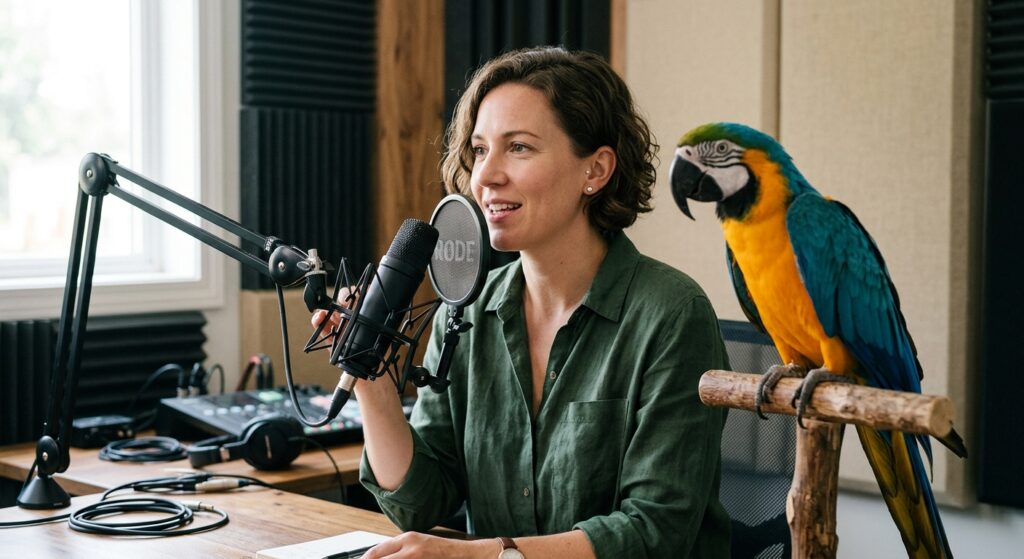 Woman speaks into a shock-mounted studio mic as a blue-and-gold macaw perches on a wooden stand beside her.