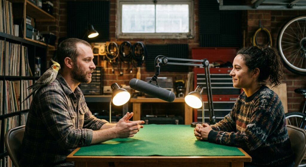Two hosts face each other across a felt table, a mic between them; a cockatiel perches on one's shoulder.