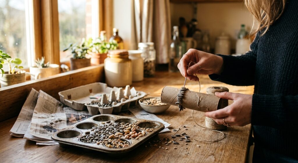 Hands press sunflower seeds into a cardboard tube on a sunlit wood counter beside newspaper, muffin tin, egg carton.