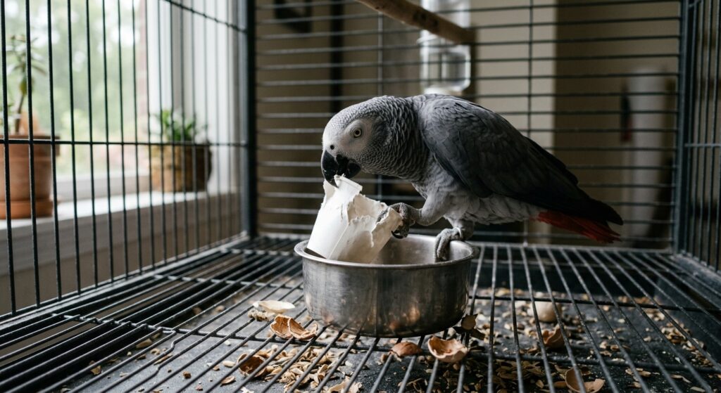 Grey parrot standing in an empty steel bowl, shredding a paper cup among seed husks in soft window light.