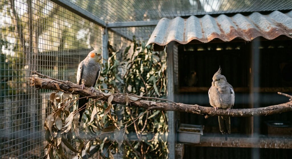 Two cockatiels on a eucalyptus branch in a wire aviary, one in warm sunlight, one shaded under a metal roof.