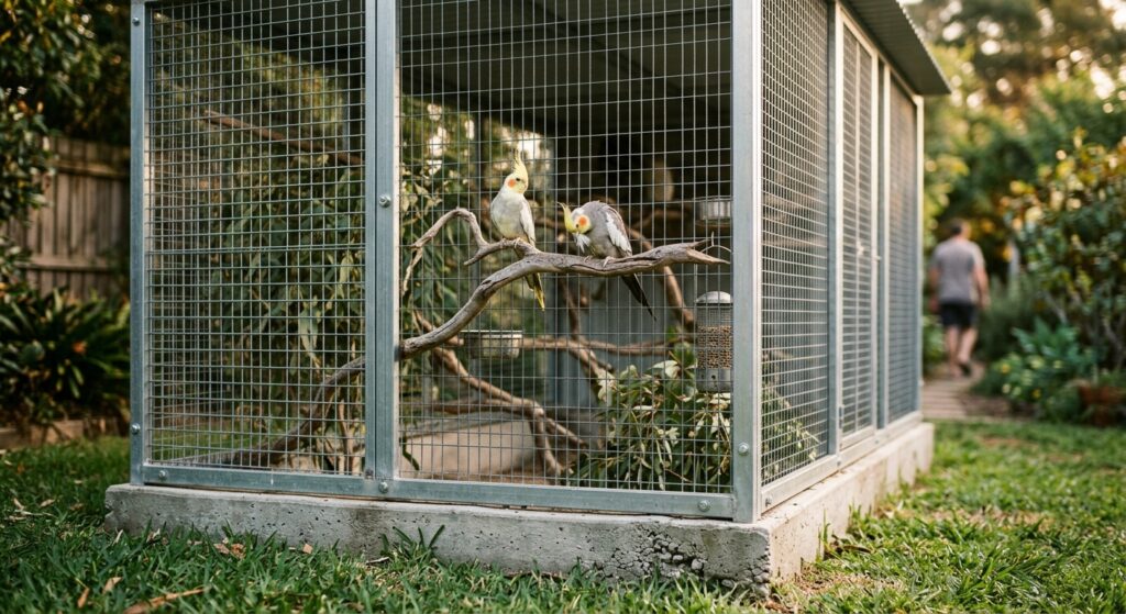 Walk-in wire aviary on grass with solid roof and concrete base; two cockatiels perch on a eucalyptus branch.