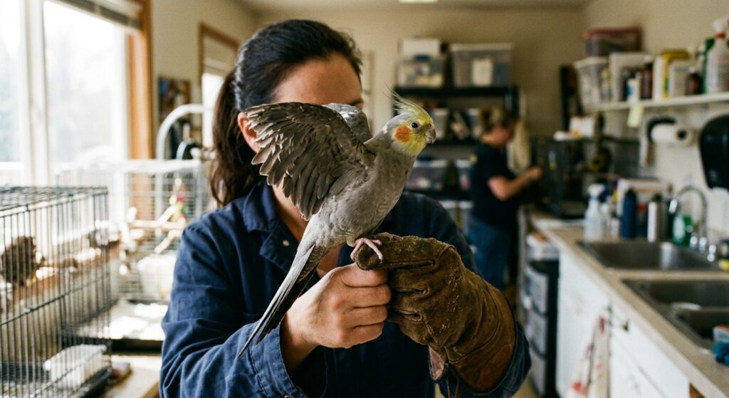 Gray cockatiel with stubby, clipped wing feathers perches on a volunteer's gloved hand in a sunlit rescue room.