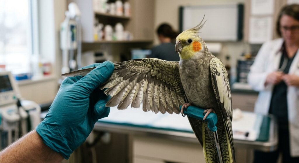 Gloved hand fans a cockatiel's wing open in a clinic, five primary feathers trimmed unevenly beside an unclipped wing.